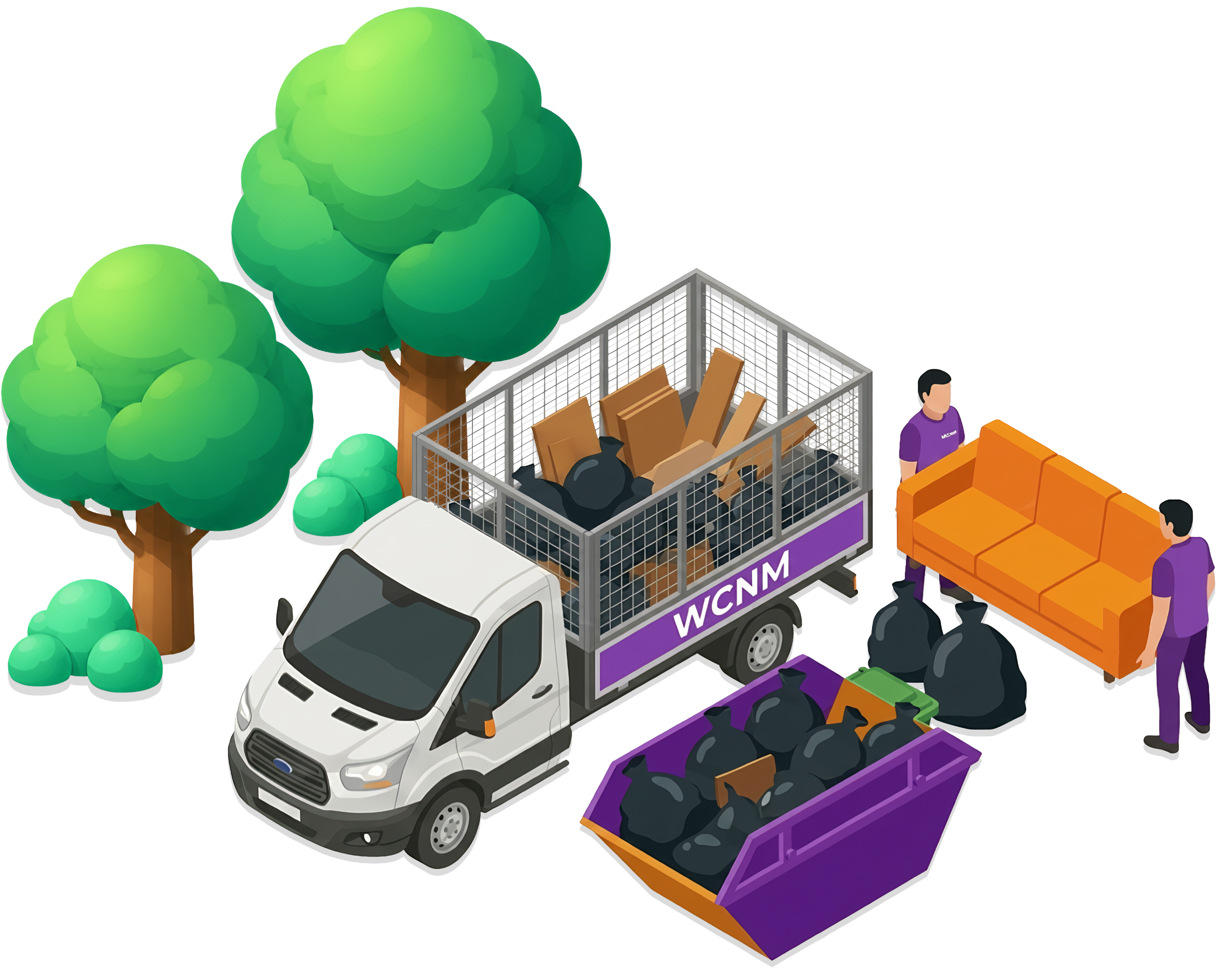 Waste clearance van with workers loading rubbish